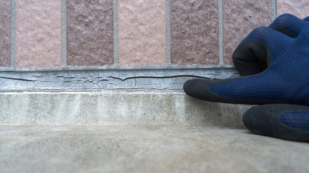 外壁を点検する作業員。目地の劣化。